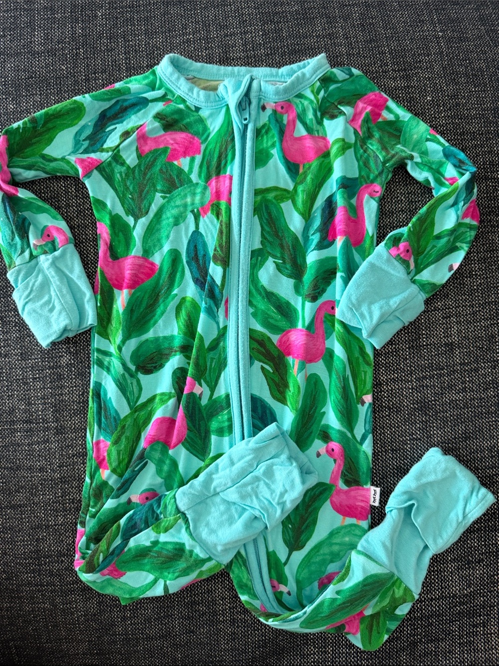 Little Sleepies Aqua Zip One-Piece with Pink Flamingo Print